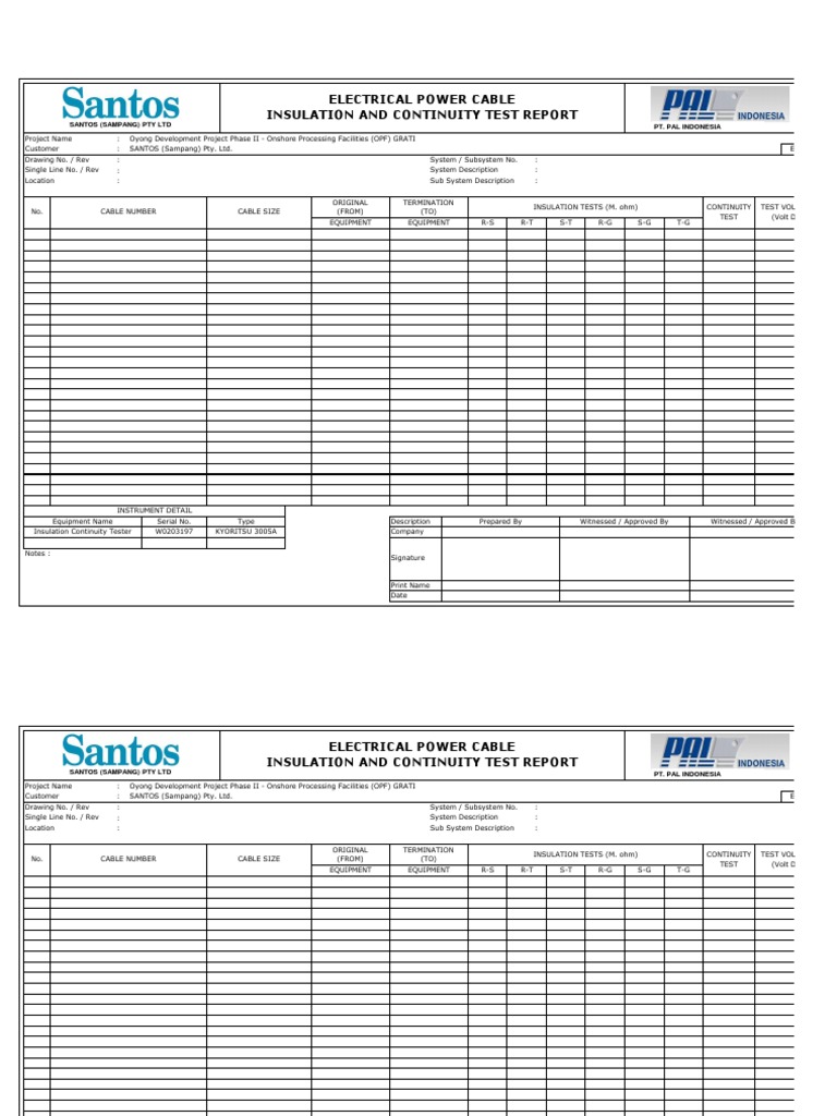 Report Continuity & Megger Test Voltage Insulator (Electricity)