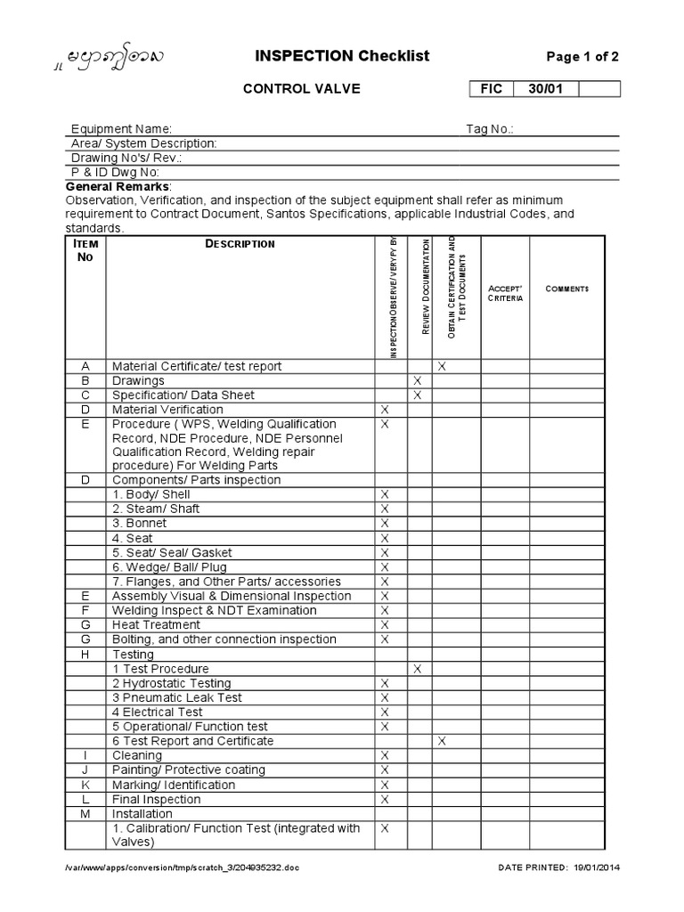 Control Valve Inspection Checklist | PDF | Technology & Engineering