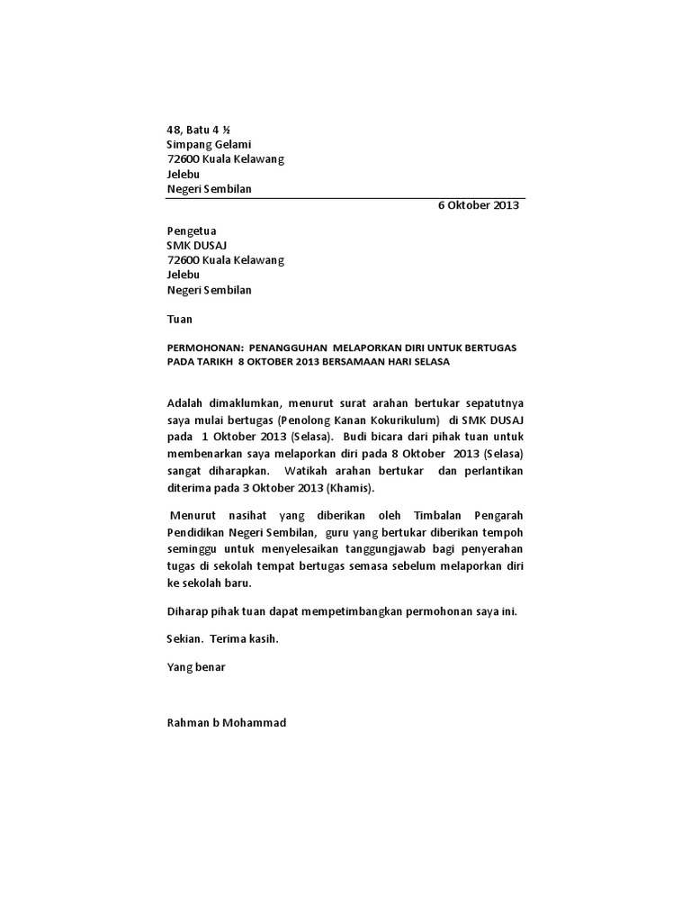 Contoh Surat Tangguh Lapur Diri Pdf