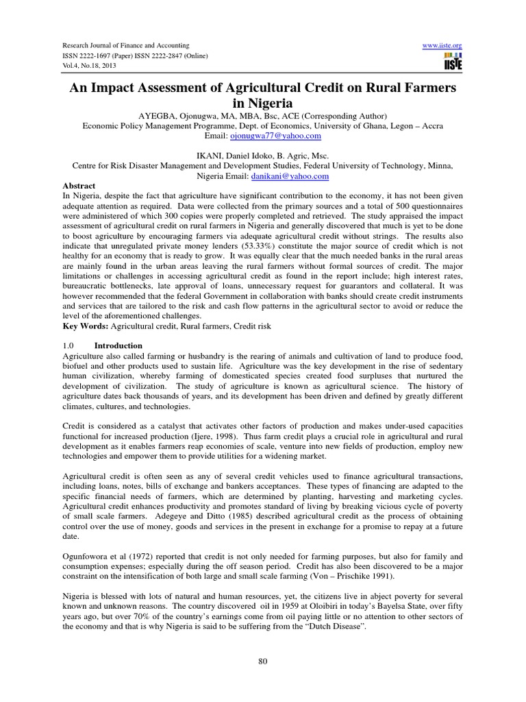 An Impact Assessment Of Agricultural Credit On Rural Farmers In Nigeria