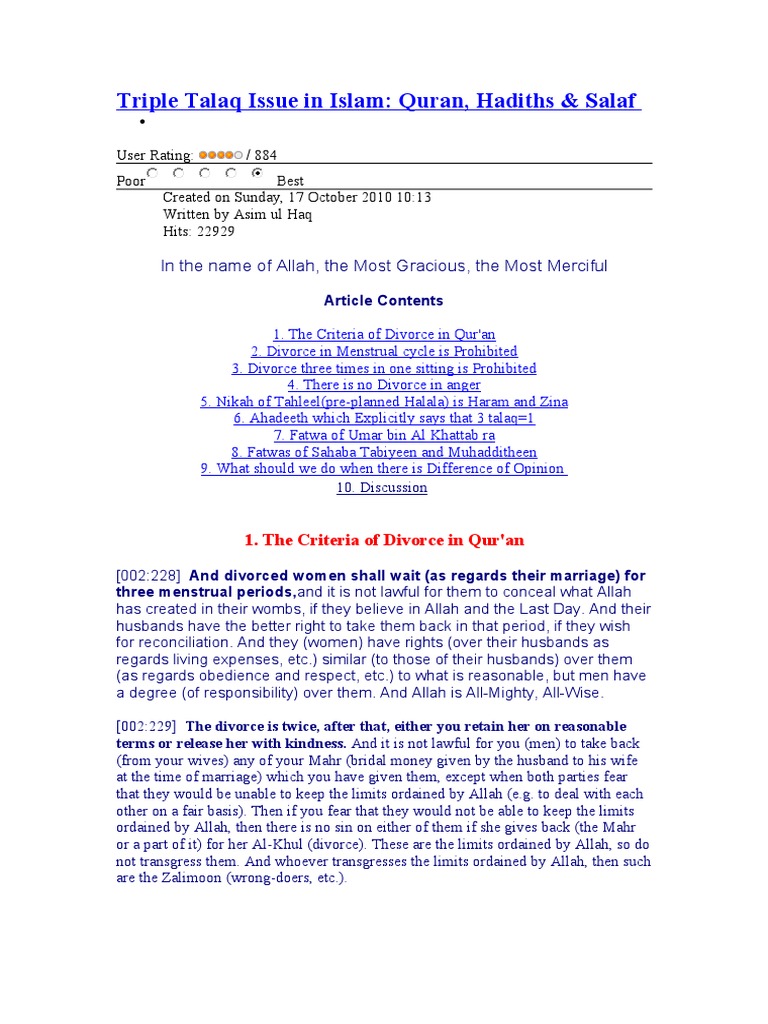 Triple Talaq Issue in Islam | PDF | Hadith | Islamic Theology