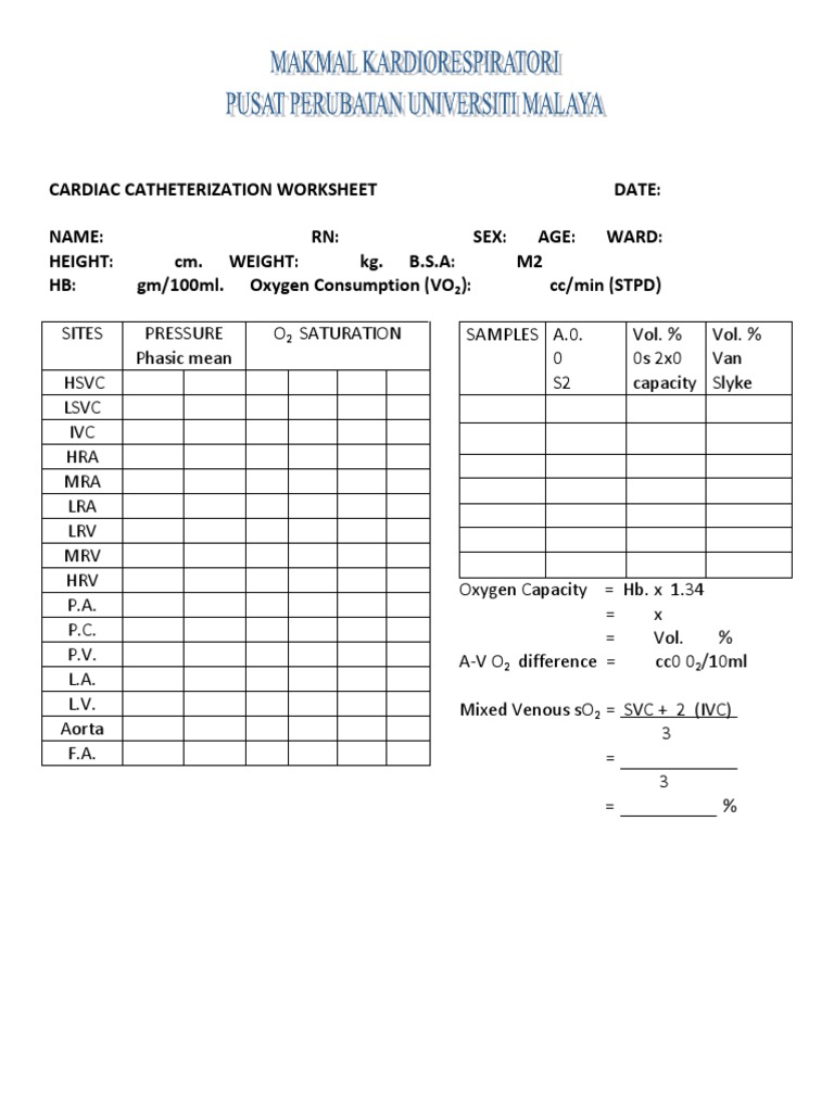 Cardiac Catheterization Worksheet | PDF