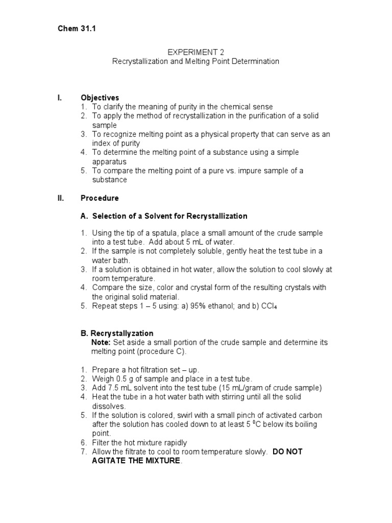 Exercise 2 Recrystallization And Melting Point Determination Pdf Chemical Process Engineering Condensed Matter