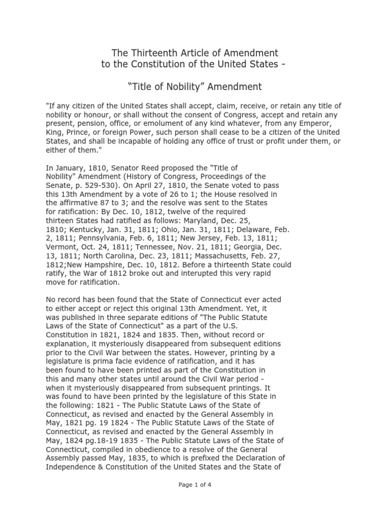 “Title of Nobility” Amendment (The Real Thirteenth Amendment) U.S