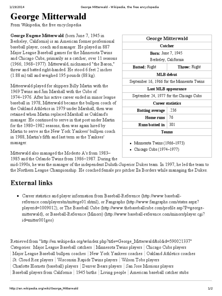 George Mitterwald: MLB Career Overview | PDF