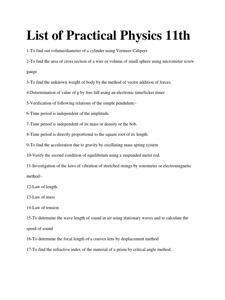 Class 11 Physics Practical List | PDF | Oscillation | Waves