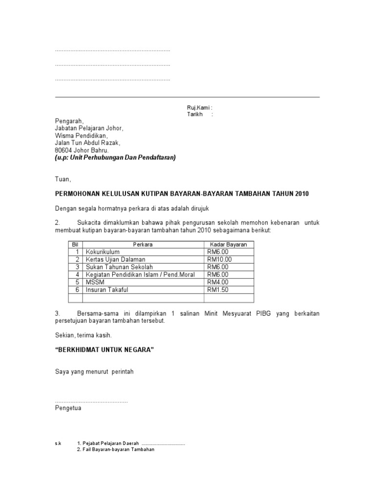 Contoh Surat Bayaran Tambahan Permohonan Sekolah Menengah Pdf