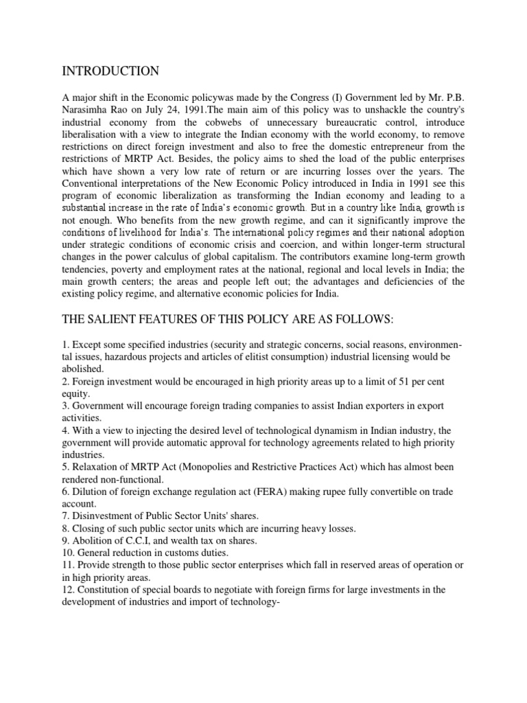 Overview of India's 1991 Economic Policy | PDF | Economy Of India ...