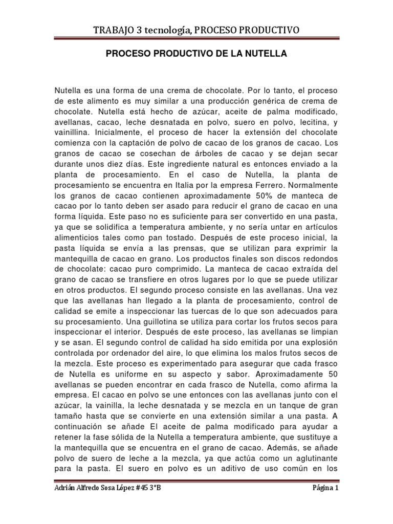 Proceso Productivo de la Nutella | PDF | Sólidos de cacao | Chocolate