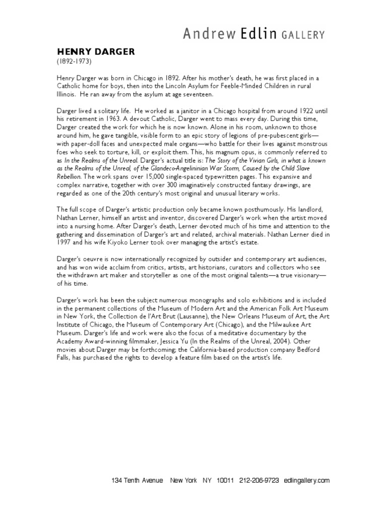 Henry Darger, Biography Aesthetics