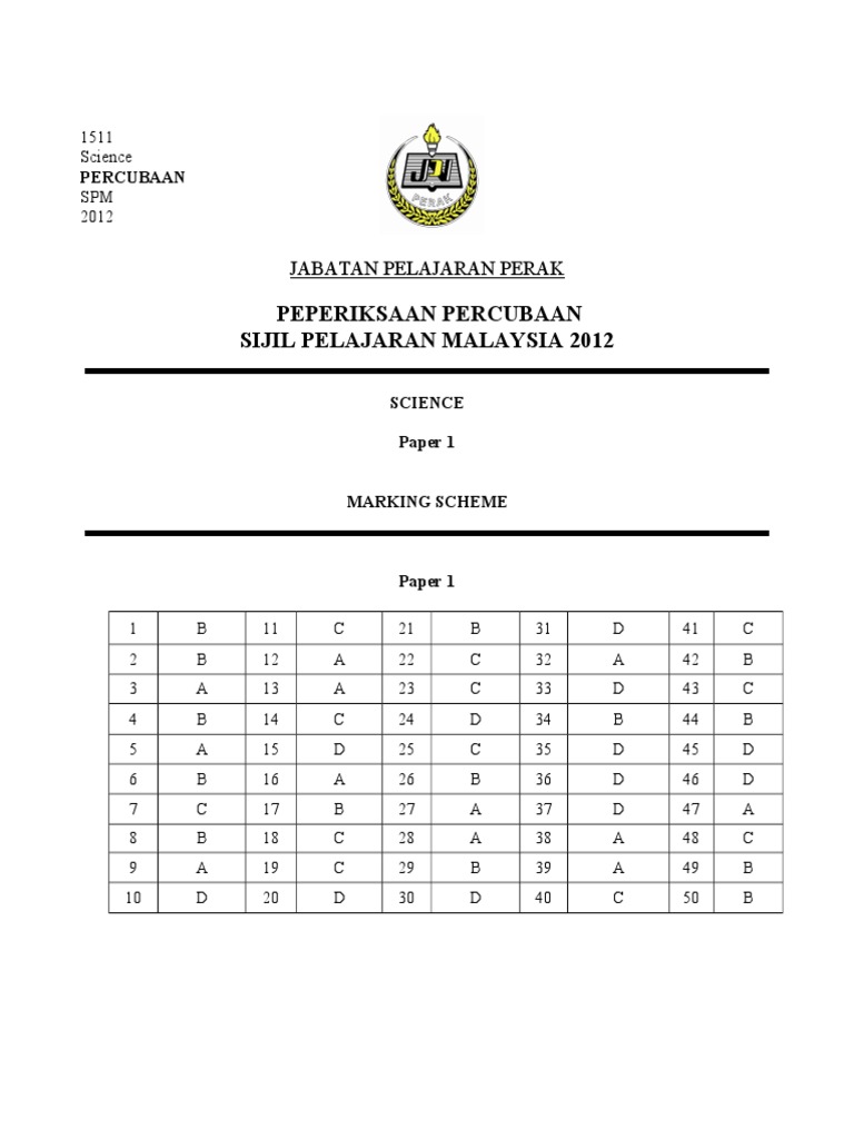 Skema Jawapan Percubaan Sains Kertas 1 Spm 2012 Pdf