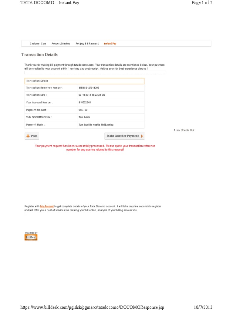 Tata Docomo Postpay Bill Payment Details | PDF | Finance & Money Management