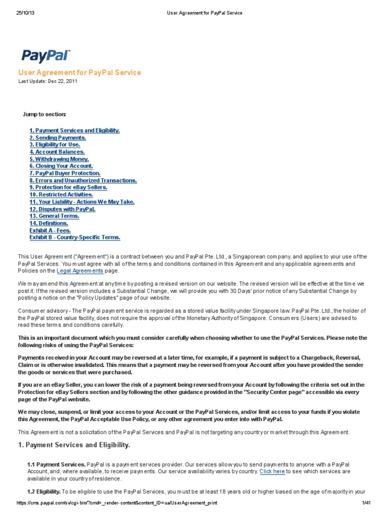 User Agreement for PayPal Service Pay Pal E Bay