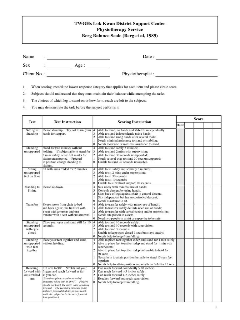 Berg Balance Scale | PDF | Foot | Sports