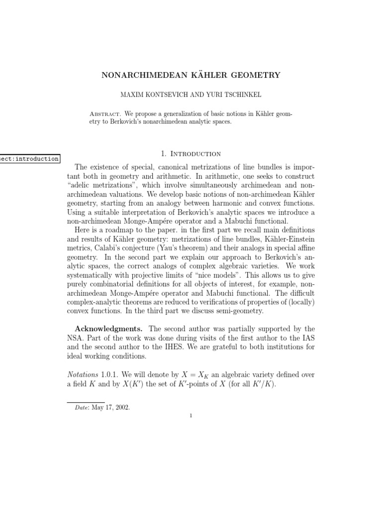 NonArchimedean Kahler Geometry Kontsevich and Tschinkel Ring