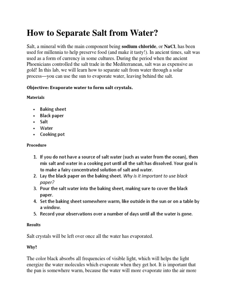 Solar Method to Separate Salt from Water | PDF | Sodium Chloride ...