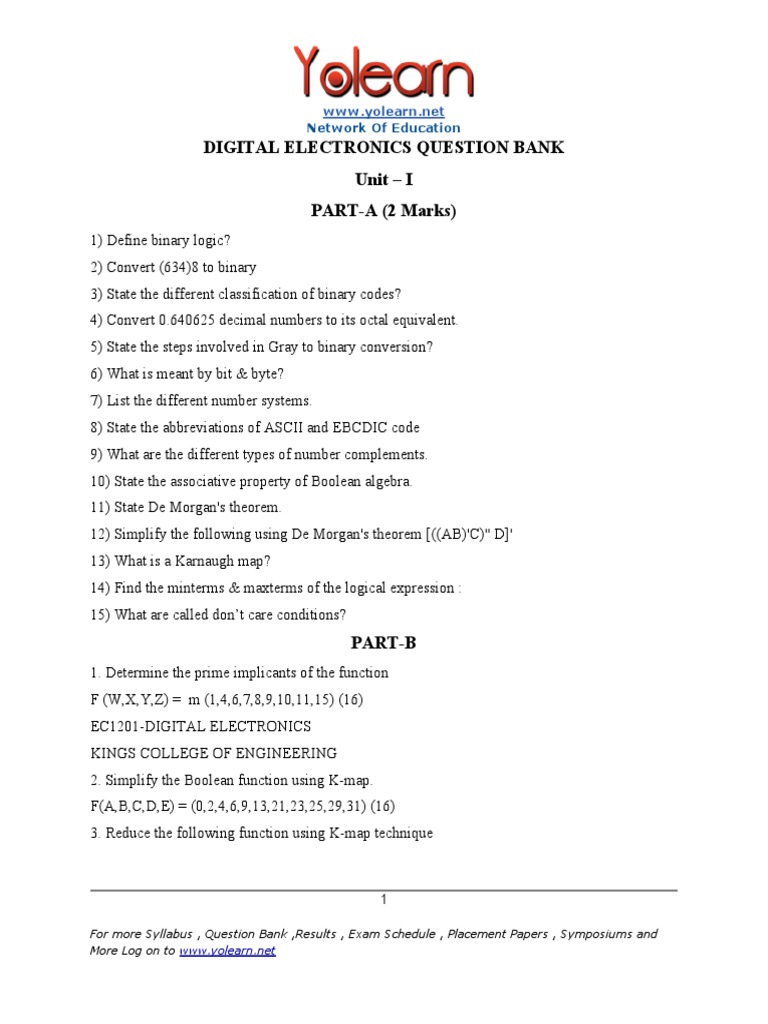 Digital Electronics Question Bank PDF Electrical Circuits