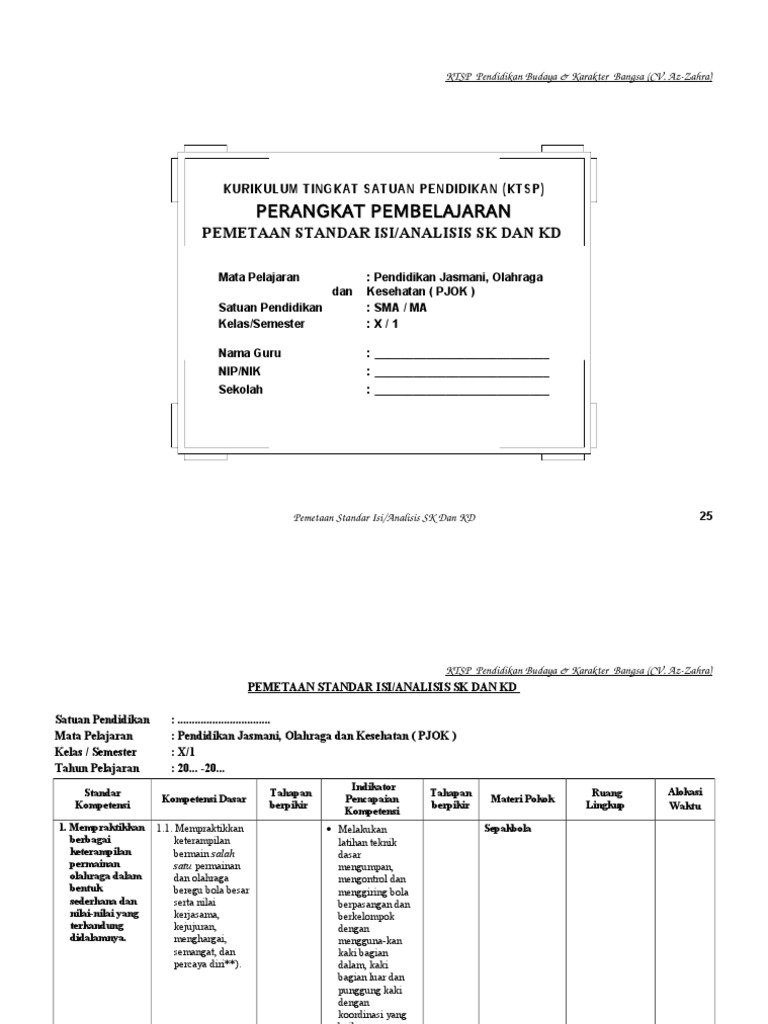 Pemetaan Sk Kd Penjas Kelas X Smt 1