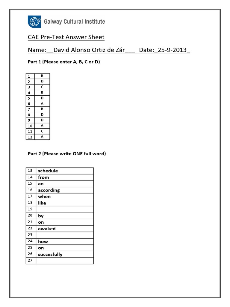 CAE Pre-Test Answer Sheet Template | PDF
