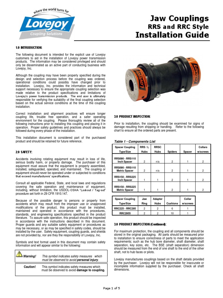 Lovejoy Jaw Coupling Installation Guide | PDF | Screw | Engineering ...