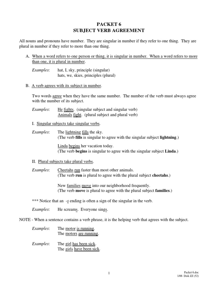 worksheet Subject And Verb Agreement Worksheets worksheet subject verb agreement worksheets grass fedjp packet6 grammatical number grammar
