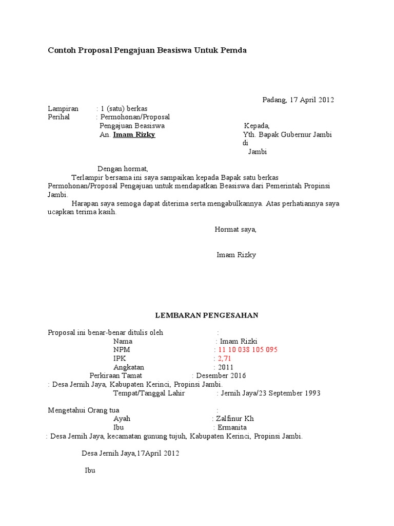 Contoh Proposal Pengajuan Beasiswa Untuk Pemda