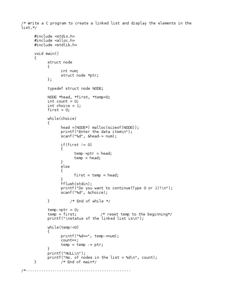 Write a program in c to create and display singly linked list image