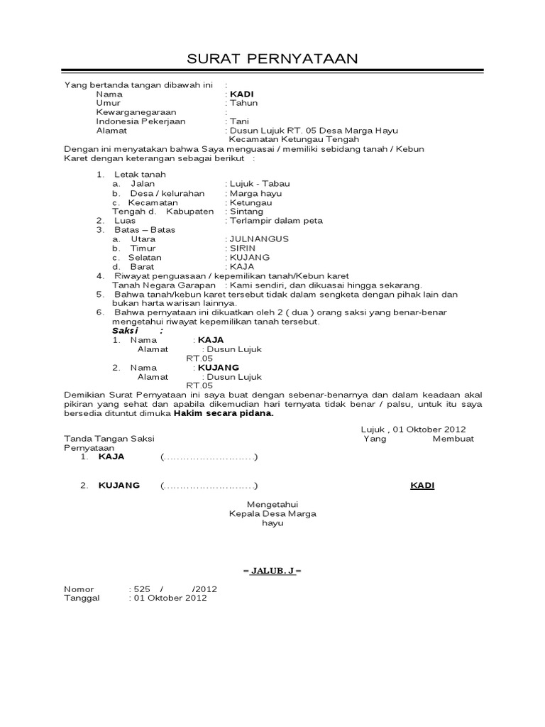 Contoh Surat Keterangan Kepemilikan Tanah