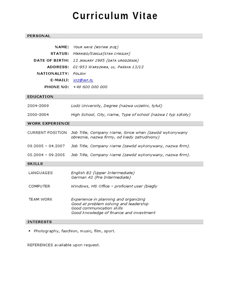 Polish CV Template Example | PDF | Language Arts & Discipline | Foreign ...