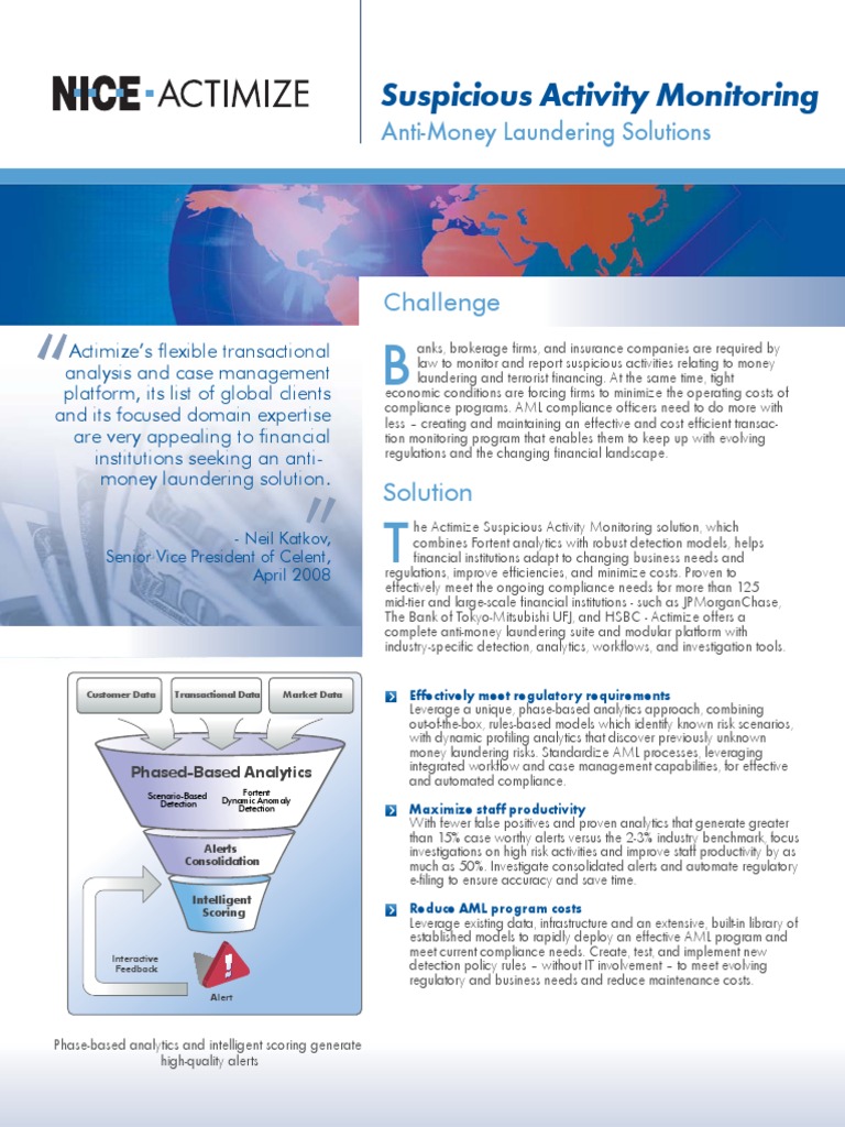 Nice Actimize Brochure - Suspicious Activity Monitoring Solution | PDF |  Money Laundering | Analytics