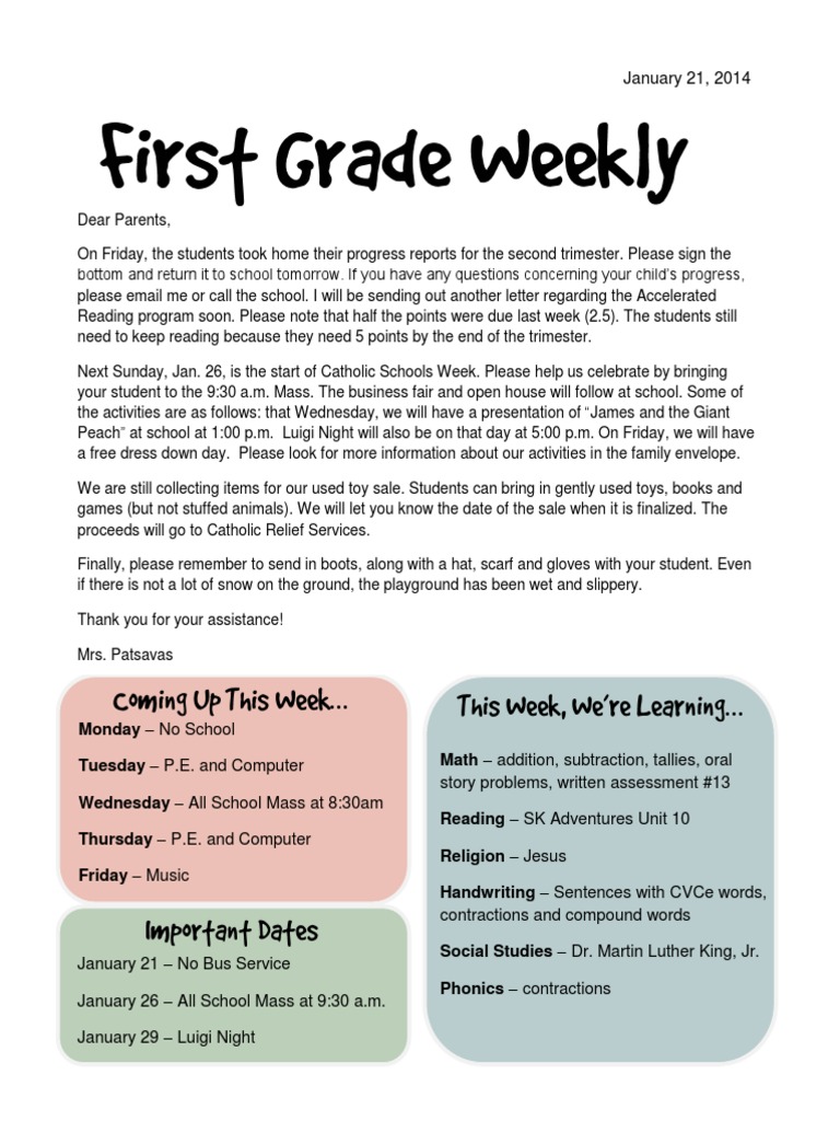 First Grade Weekly Update: January 21 | PDF