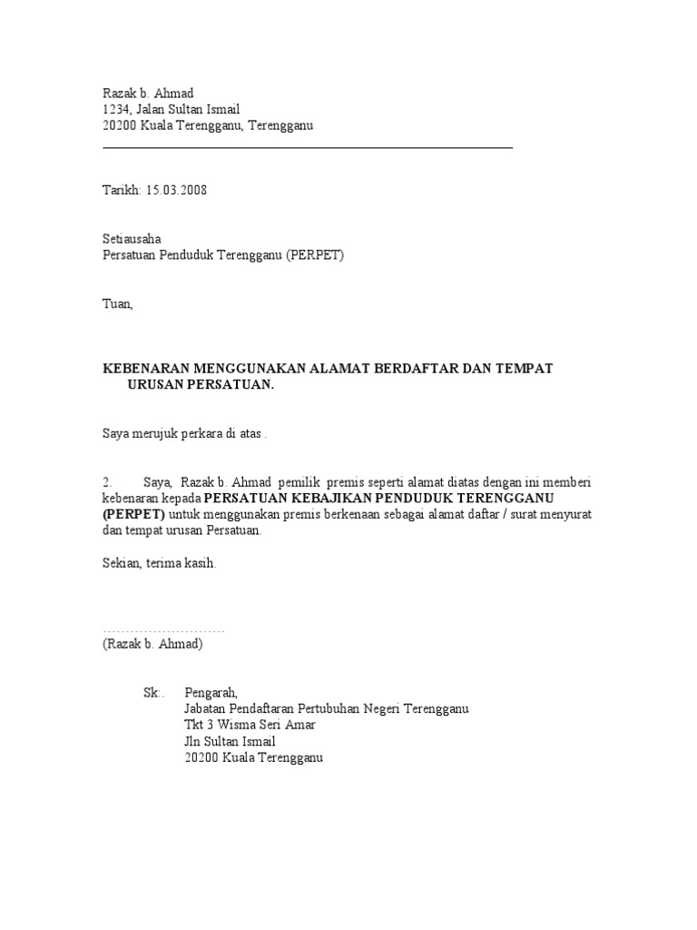 Contoh Surat Kebenaran Menggunakan Alamat Jika Selain Darpada Rumah Ahli