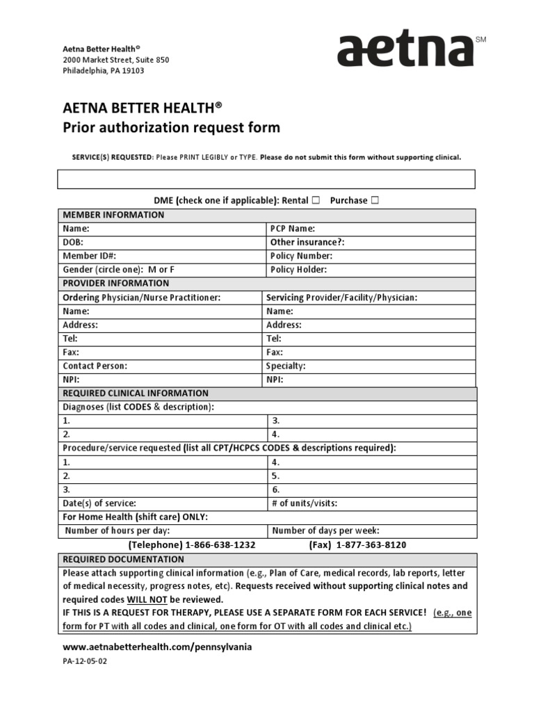 Aetna Prior Authorization Form | PDF | Medical Record | Health Sciences
