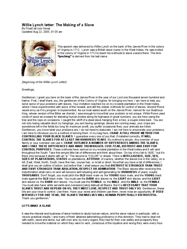 The Willie Lynch Letter Printable The Willie Lynch Letter Printable