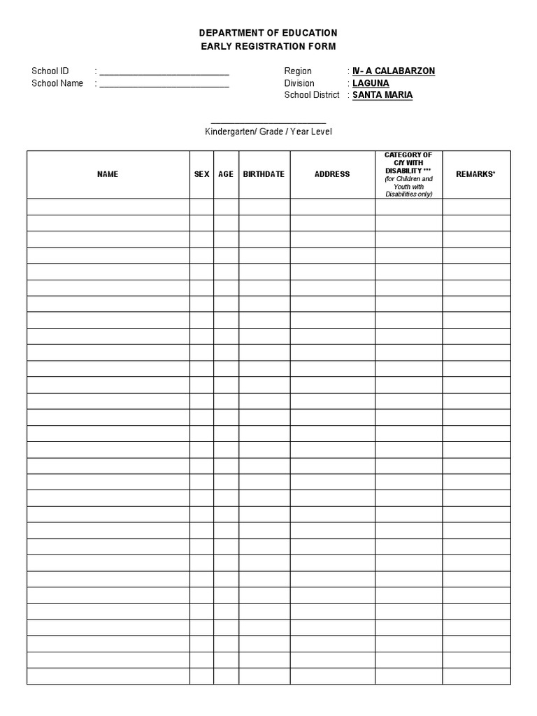 Department of Education Early Registration Form: Name Sex Age Birthdate ...