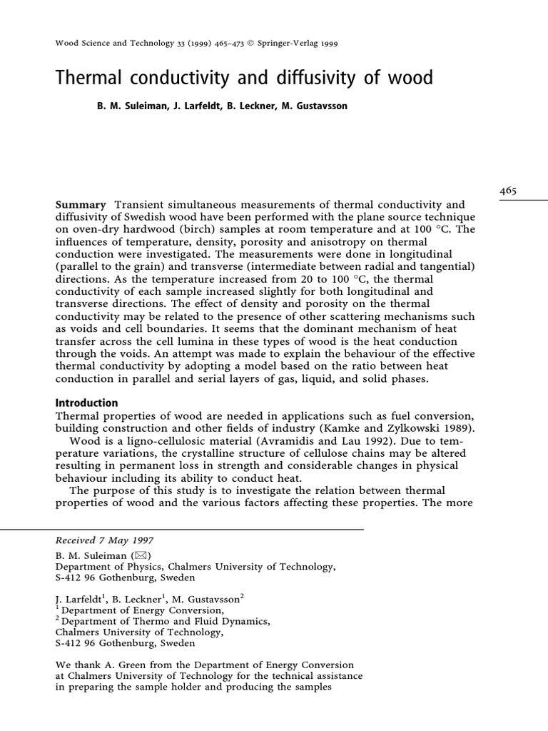 Thermal conductivity and diffusivity of wood Thermal Conductivity