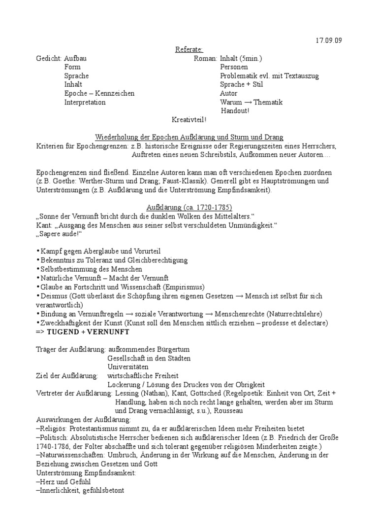 K12 Deutsch Mitschrift Aufklärung + Sturm Und Drang PDF