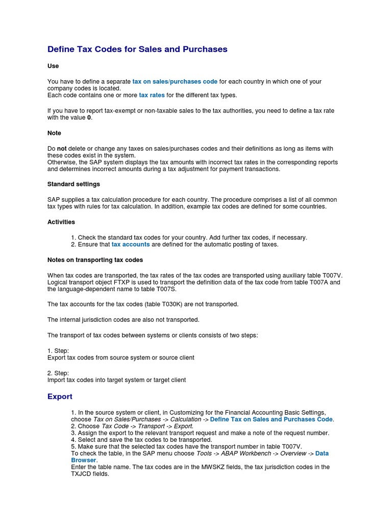 Define Tax Codes For Sales and Purchases | PDF | Taxes | Payments