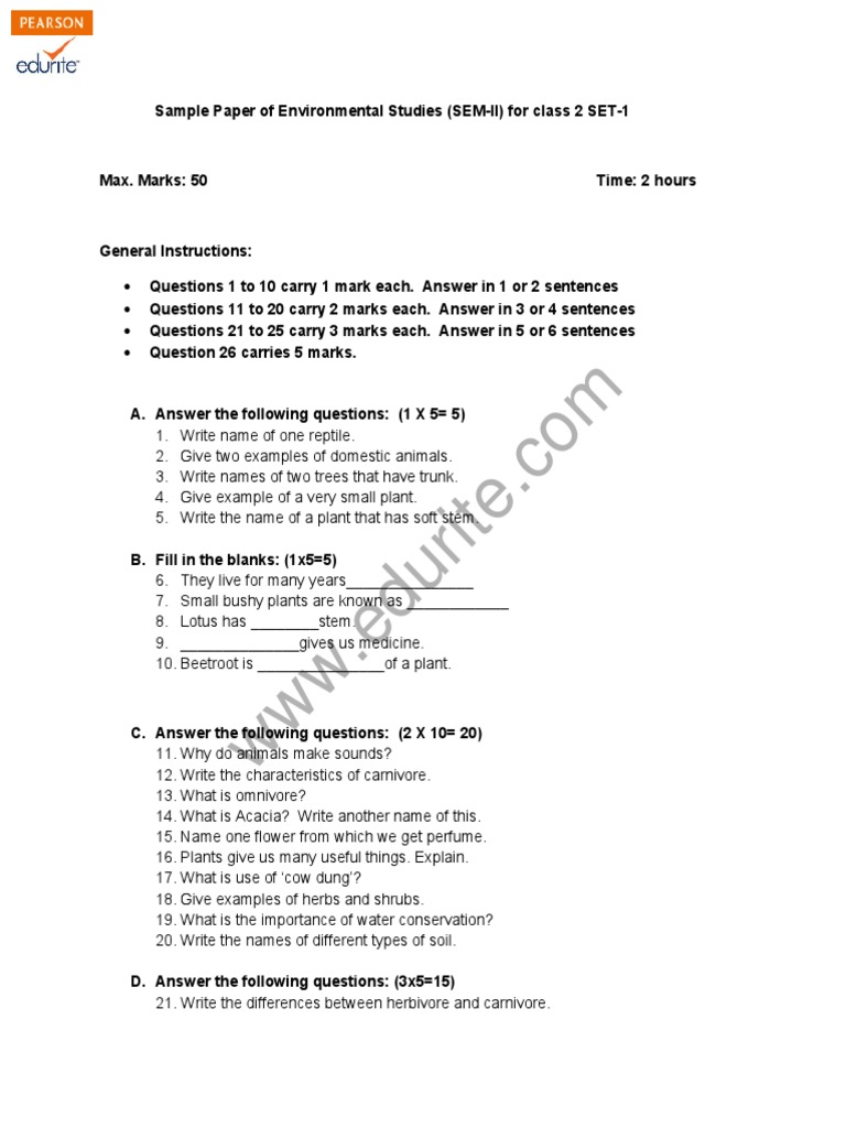 Cbse Class 2 Evs Sample Paper Term 2 Model 1 PDF