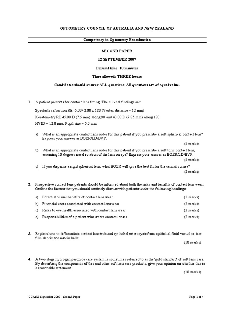 OCANZ Optometry Exam Sample Questions | PDF | Contact Lens | Lens (Optics)