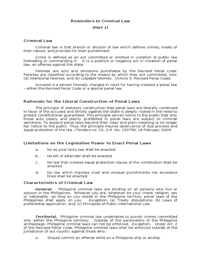 Criminal Law 1 Notes PDF | PDF | Criminal Law | Crime & Violence