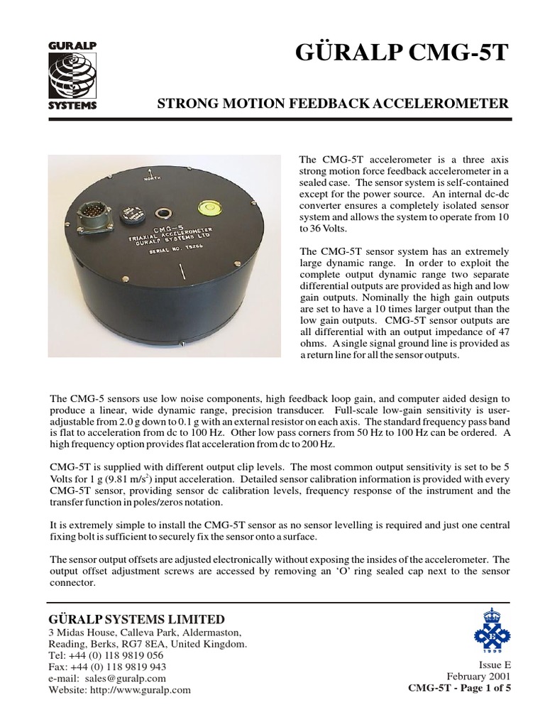 CMG-5T Strong Motion Accelerometer | PDF | Accelerometer | Sensor