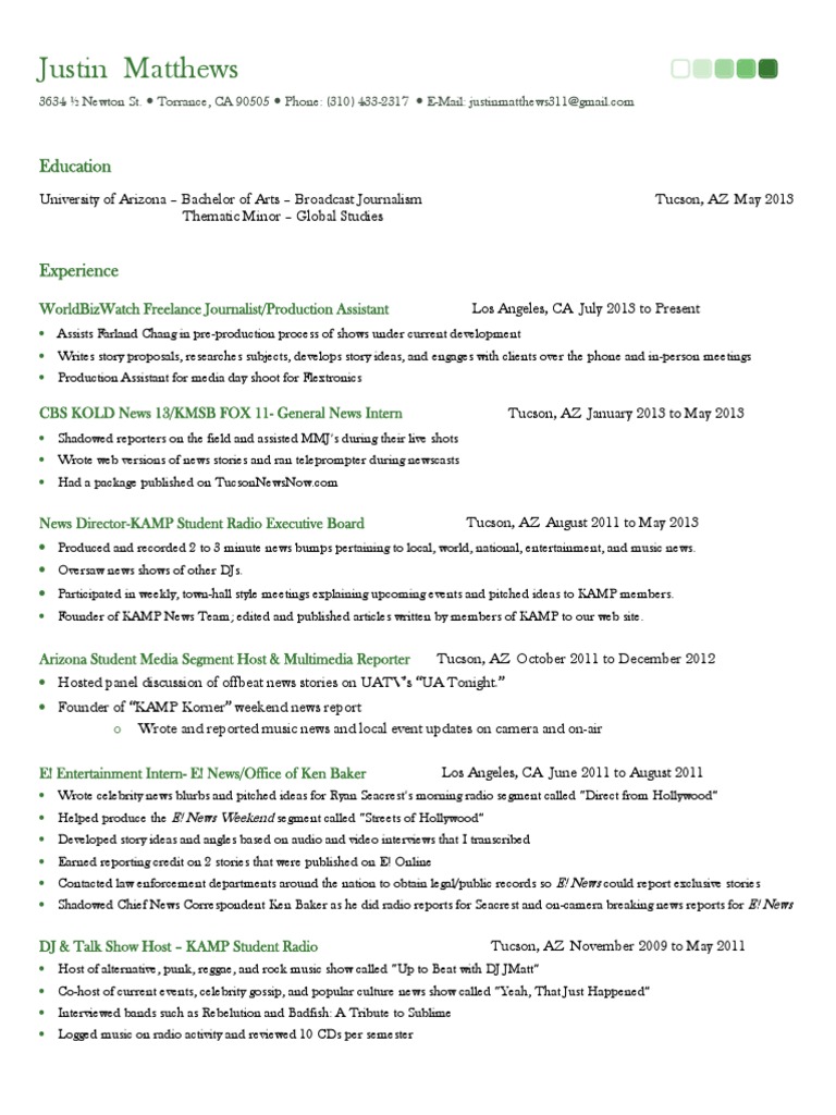 Justin Matthewss Resume 2013 - Nov | PDF | News | Broadcasting
