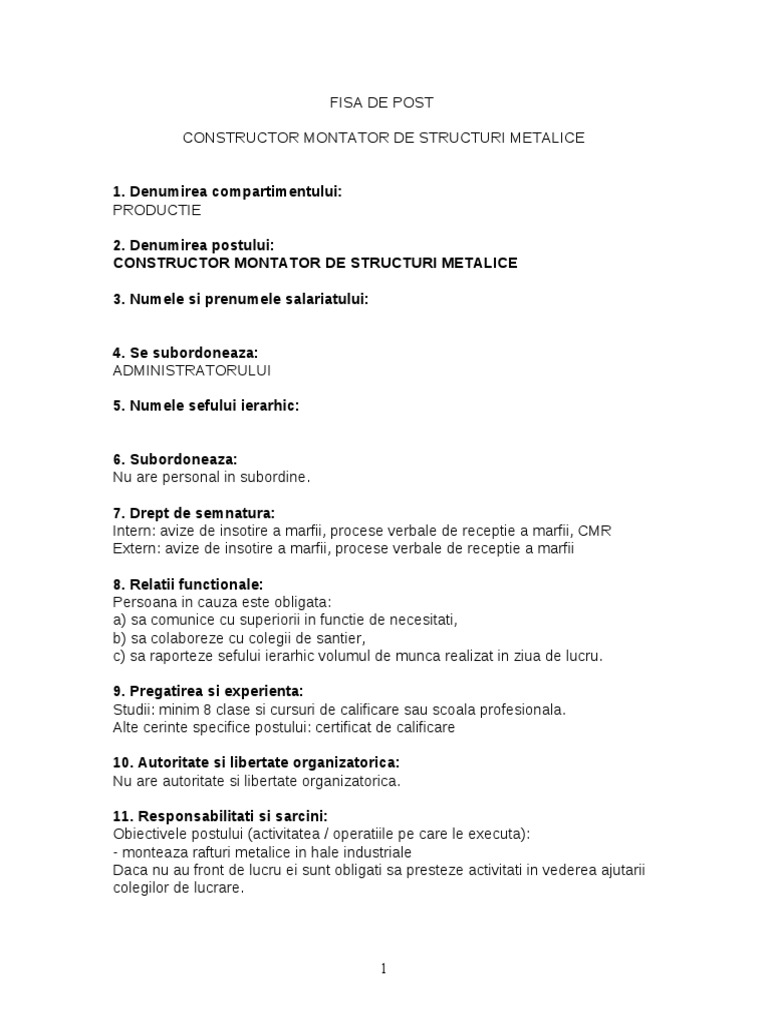 Fisa de Post Constructor Montator de Structuri Metalice | PDF