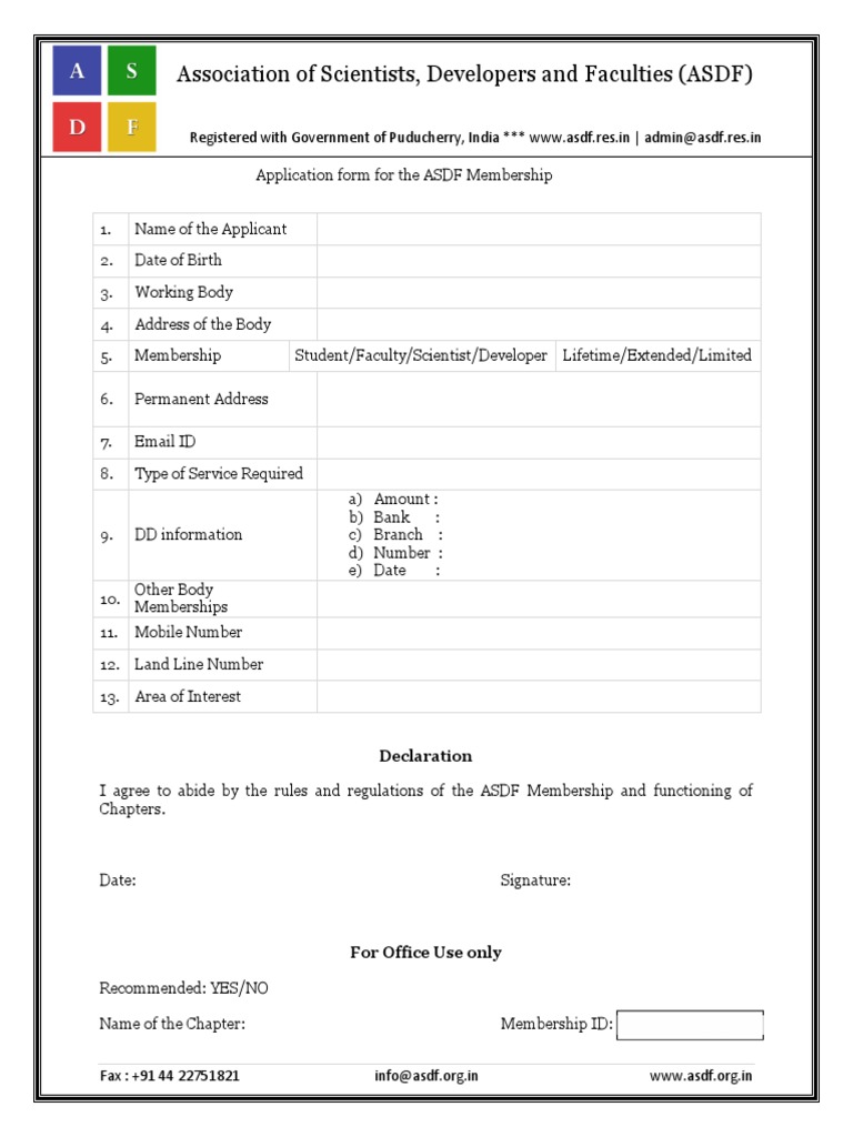 ASDF Membership Application Form | PDF | Business