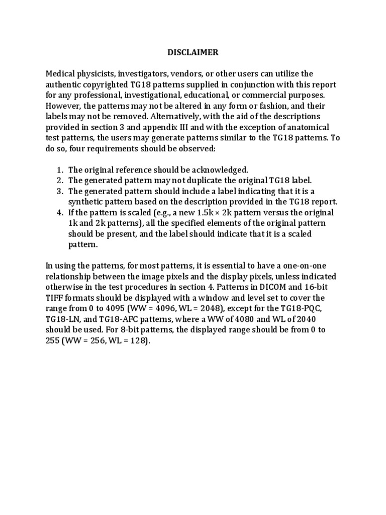 TG18 Patterns for Medical Imaging Use | PDF