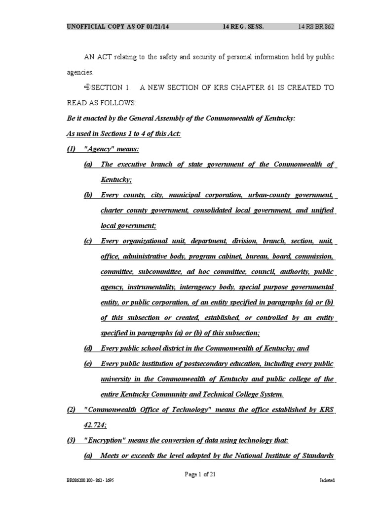 Kentucky HB 5 Data Security Bill Regulatory Compliance Geographic Information System