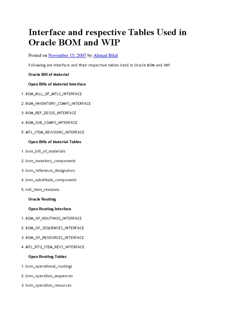 Interface and Respective Tables Used in Oracle BOM and | PDF ...