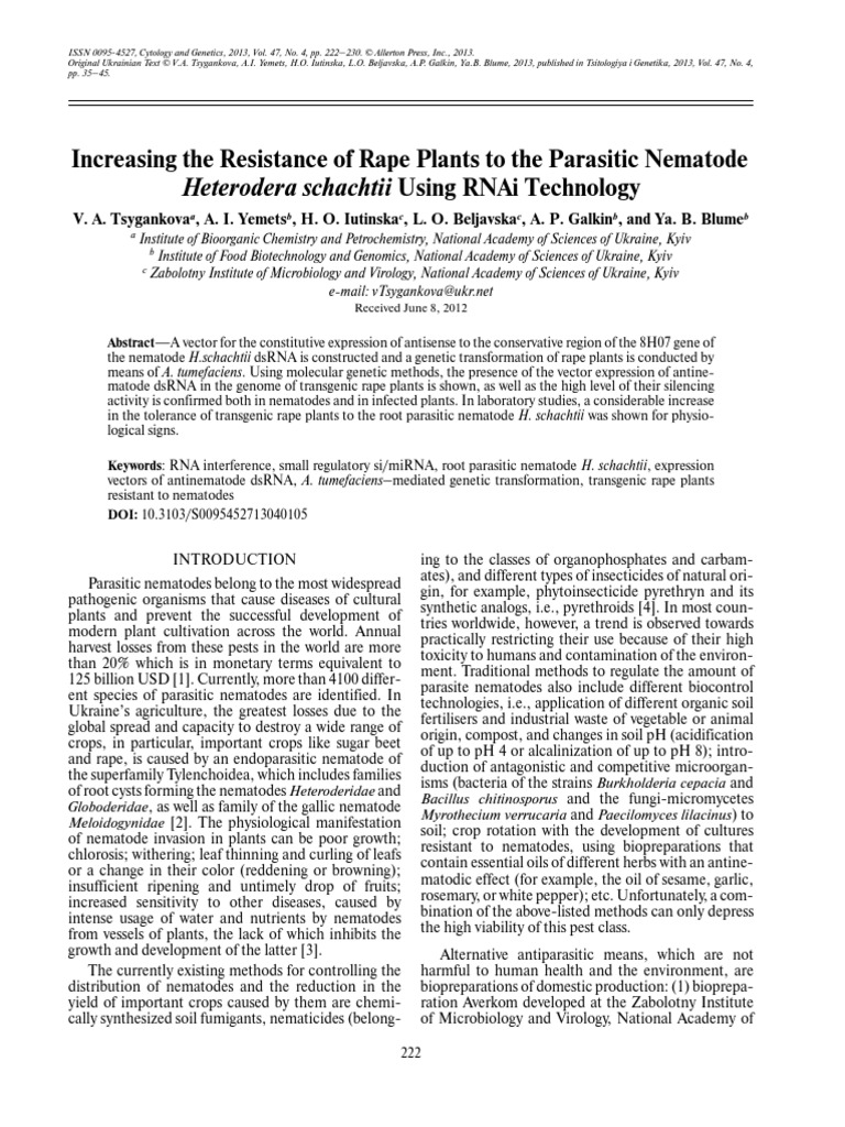 Increasing of Plant Resistance to Nematodes Using RNAi-Technology | Sense  (Molecular Biology)
