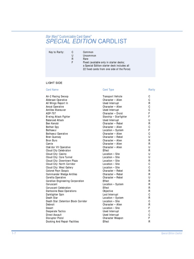 Star Wars CCG Cards 7 Special Edition Card List Download Free PDF